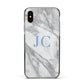 Grey Marble Blue Initials Apple iPhone Xs Impact Case Black Edge on Gold Phone