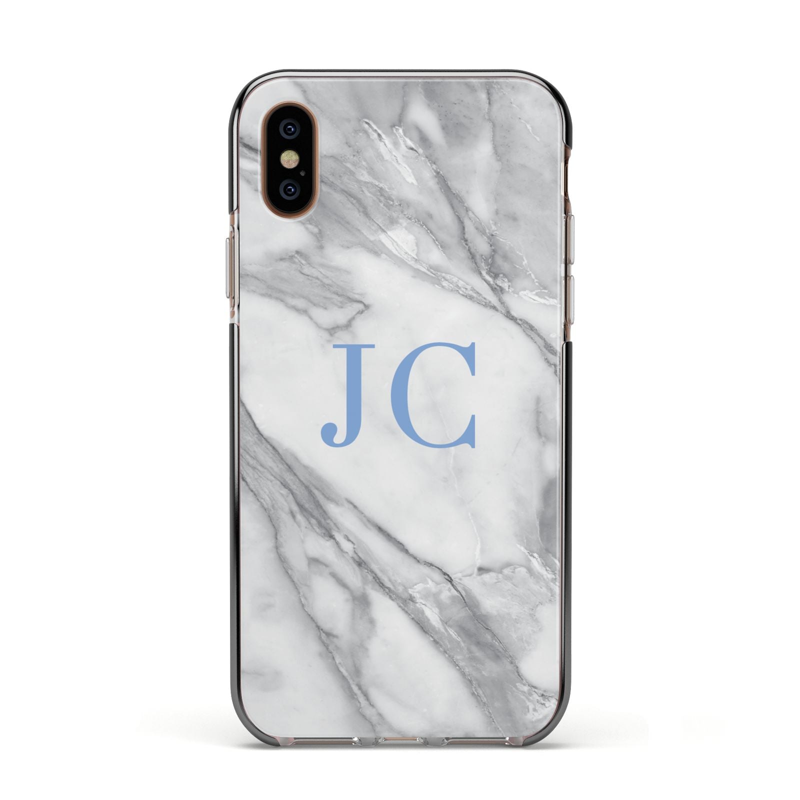 Grey Marble Blue Initials Apple iPhone Xs Impact Case Black Edge on Gold Phone