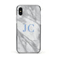 Grey Marble Blue Initials Apple iPhone Xs Impact Case Black Edge on Silver Phone