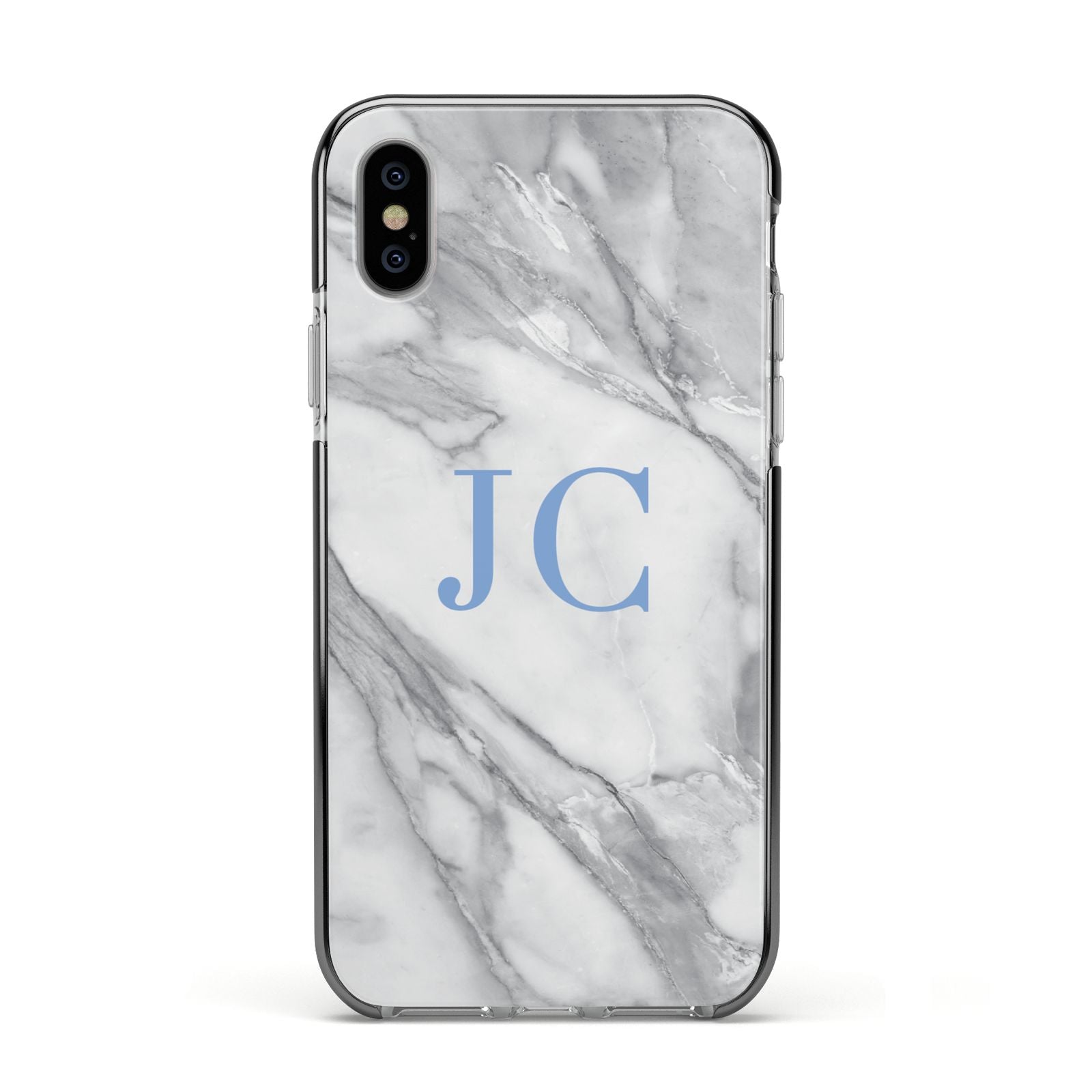 Grey Marble Blue Initials Apple iPhone Xs Impact Case Black Edge on Silver Phone