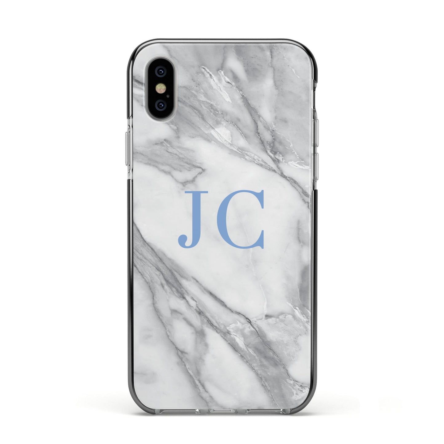 Grey Marble Blue Initials Apple iPhone Xs Impact Case Black Edge on Silver Phone