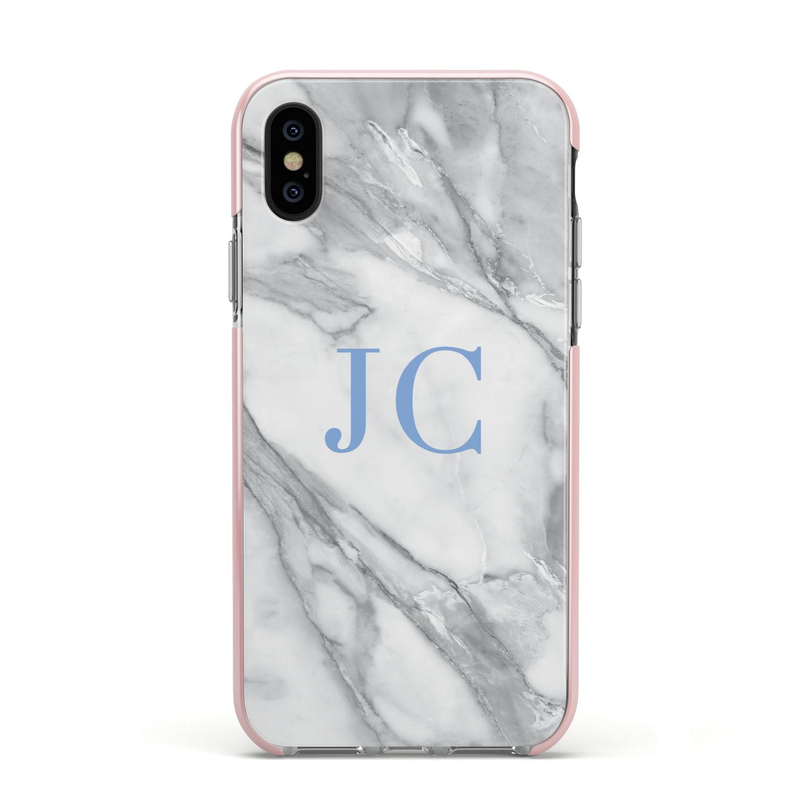 Grey Marble Blue Initials Apple iPhone Xs Impact Case Pink Edge on Black Phone