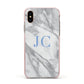 Grey Marble Blue Initials Apple iPhone Xs Impact Case Pink Edge on Gold Phone