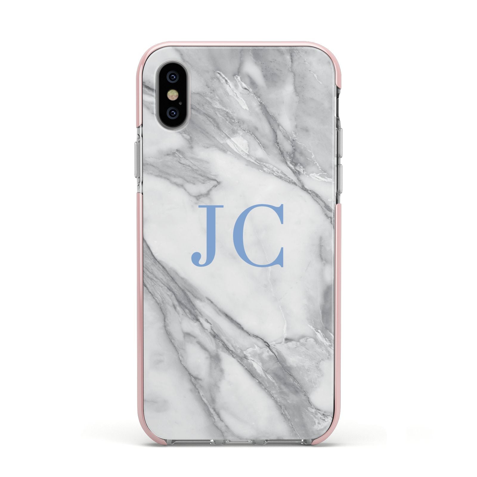 Grey Marble Blue Initials Apple iPhone Xs Impact Case Pink Edge on Silver Phone
