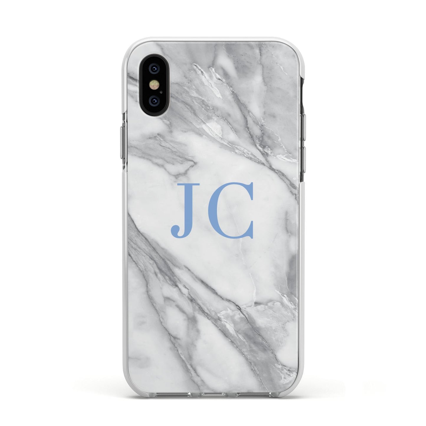 Grey Marble Blue Initials Apple iPhone Xs Impact Case White Edge on Black Phone