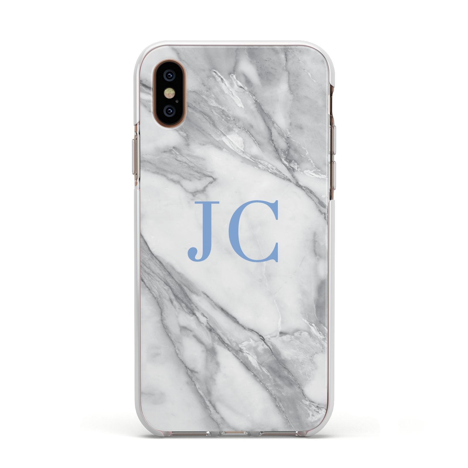 Grey Marble Blue Initials Apple iPhone Xs Impact Case White Edge on Gold Phone