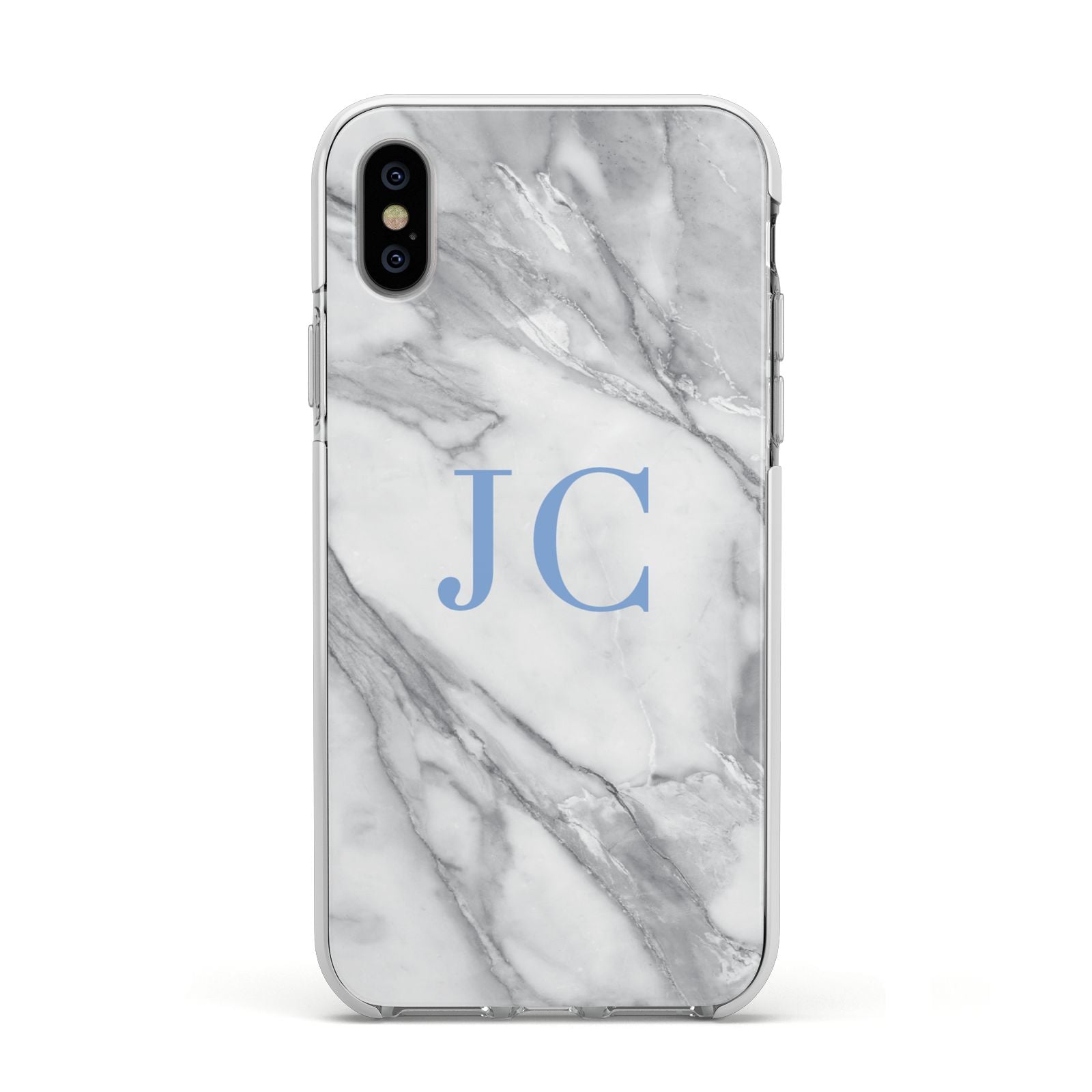 Grey Marble Blue Initials Apple iPhone Xs Impact Case White Edge on Silver Phone
