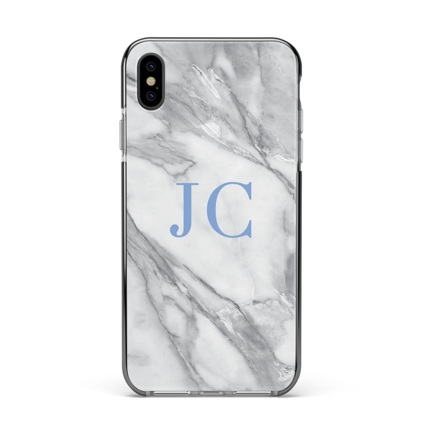 Grey Marble Blue Initials Apple iPhone Xs Max Impact Case Black Edge on Black Phone