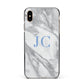 Grey Marble Blue Initials Apple iPhone Xs Max Impact Case Black Edge on Gold Phone