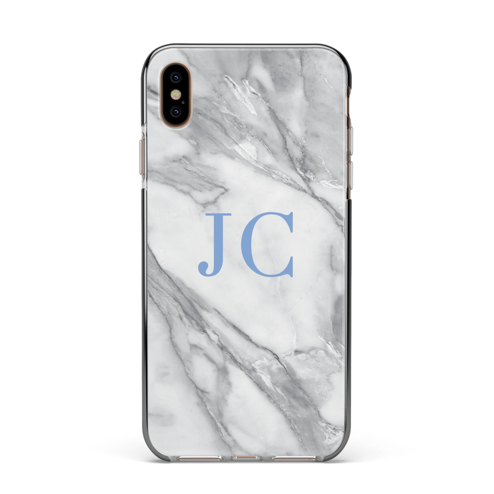 Grey Marble Blue Initials Apple iPhone Xs Max Impact Case Black Edge on Gold Phone