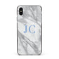 Grey Marble Blue Initials Apple iPhone Xs Max Impact Case Black Edge on Silver Phone