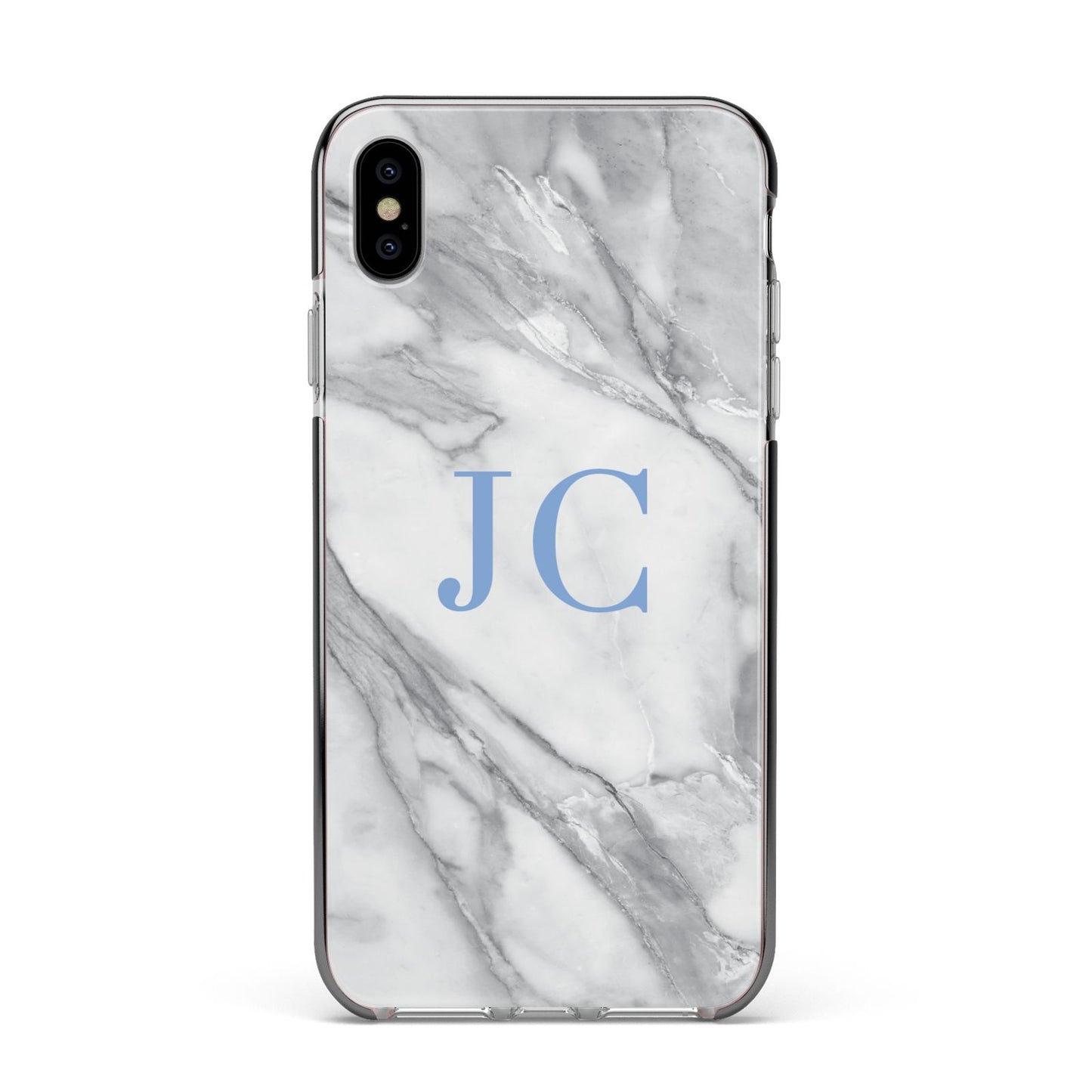 Grey Marble Blue Initials Apple iPhone Xs Max Impact Case Black Edge on Silver Phone