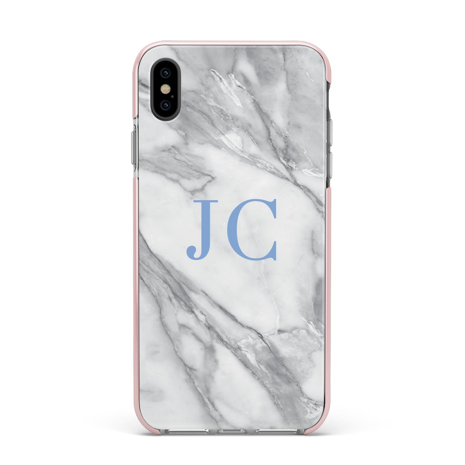 Grey Marble Blue Initials Apple iPhone Xs Max Impact Case Pink Edge on Black Phone