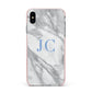 Grey Marble Blue Initials Apple iPhone Xs Max Impact Case Pink Edge on Silver Phone