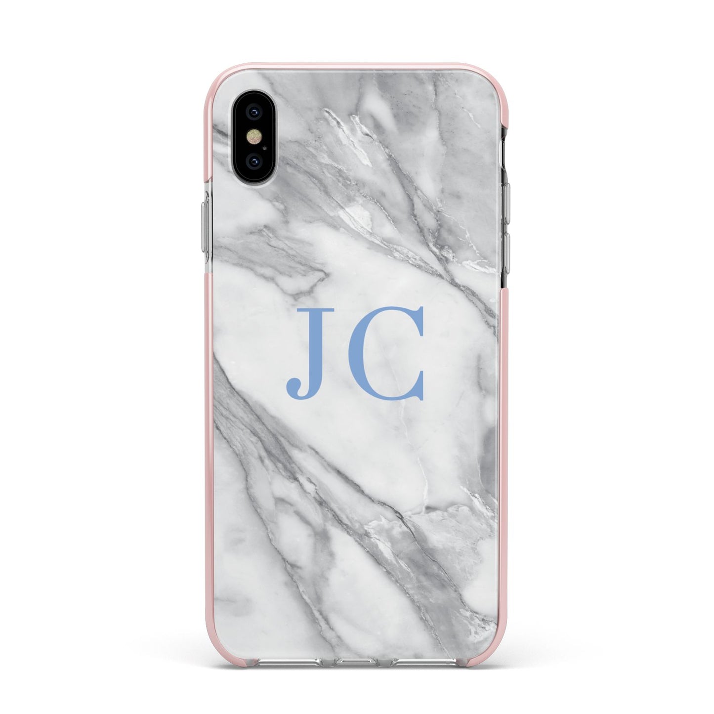 Grey Marble Blue Initials Apple iPhone Xs Max Impact Case Pink Edge on Silver Phone