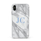 Grey Marble Blue Initials Apple iPhone Xs Max Impact Case White Edge on Black Phone