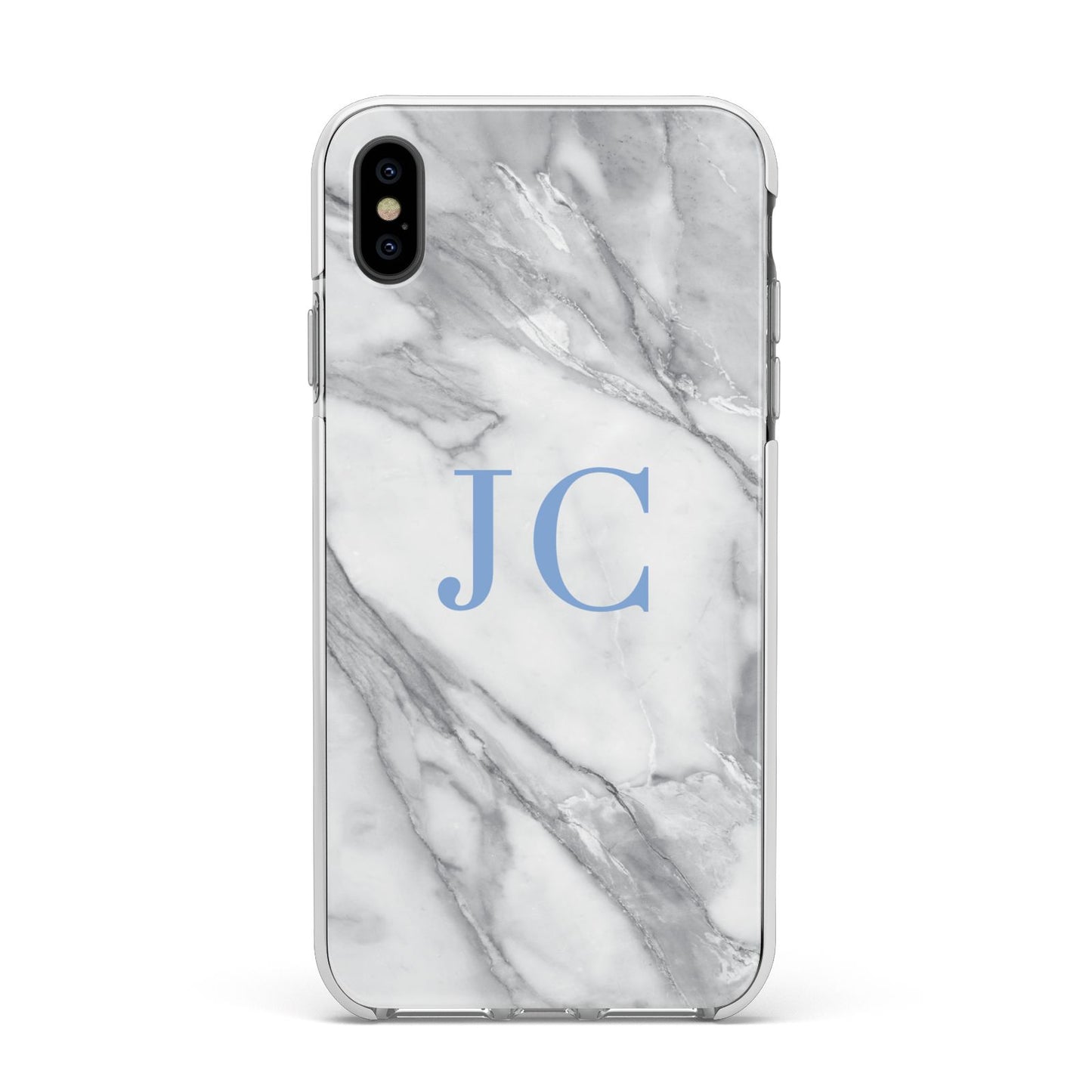 Grey Marble Blue Initials Apple iPhone Xs Max Impact Case White Edge on Black Phone