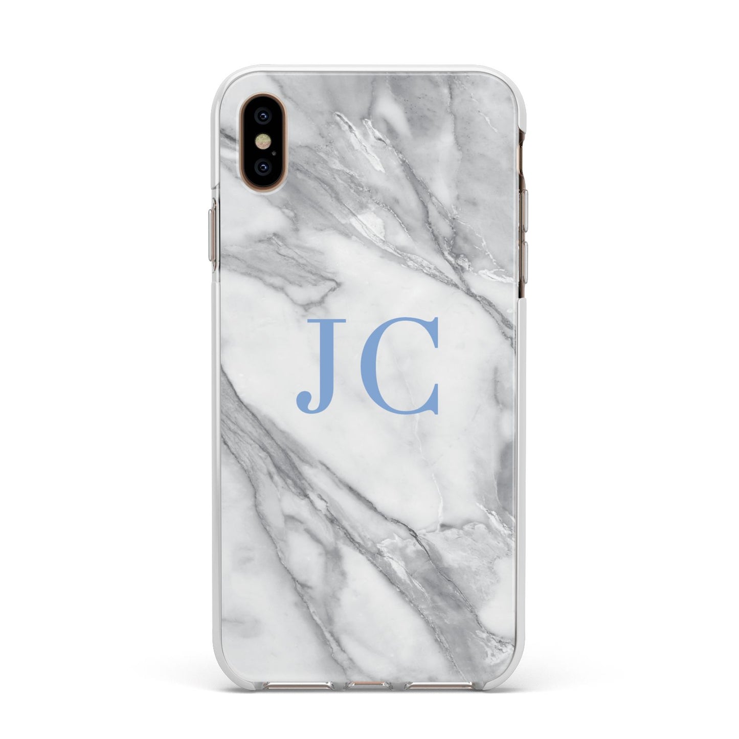 Grey Marble Blue Initials Apple iPhone Xs Max Impact Case White Edge on Gold Phone