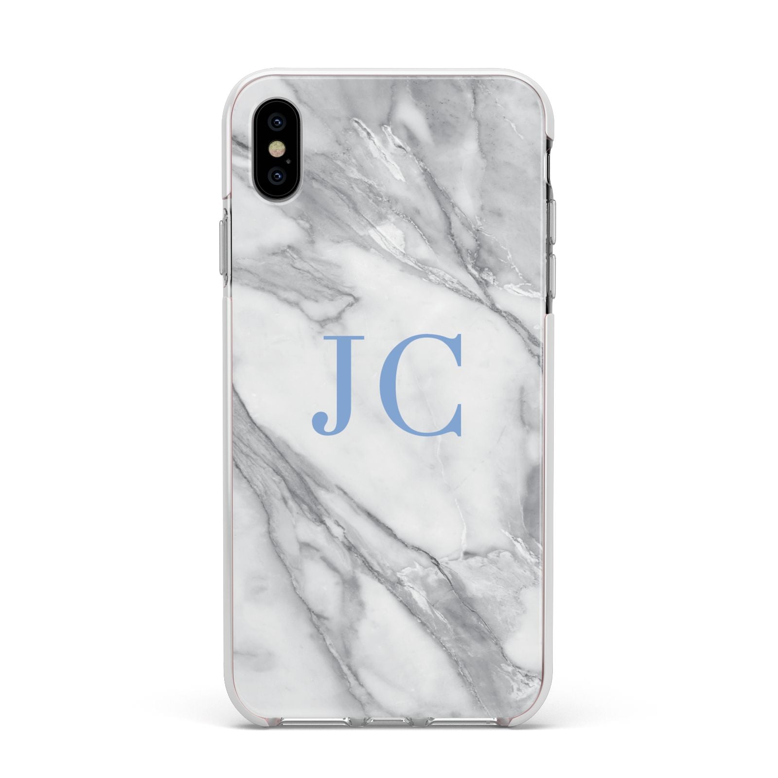 Grey Marble Blue Initials Apple iPhone Xs Max Impact Case White Edge on Silver Phone