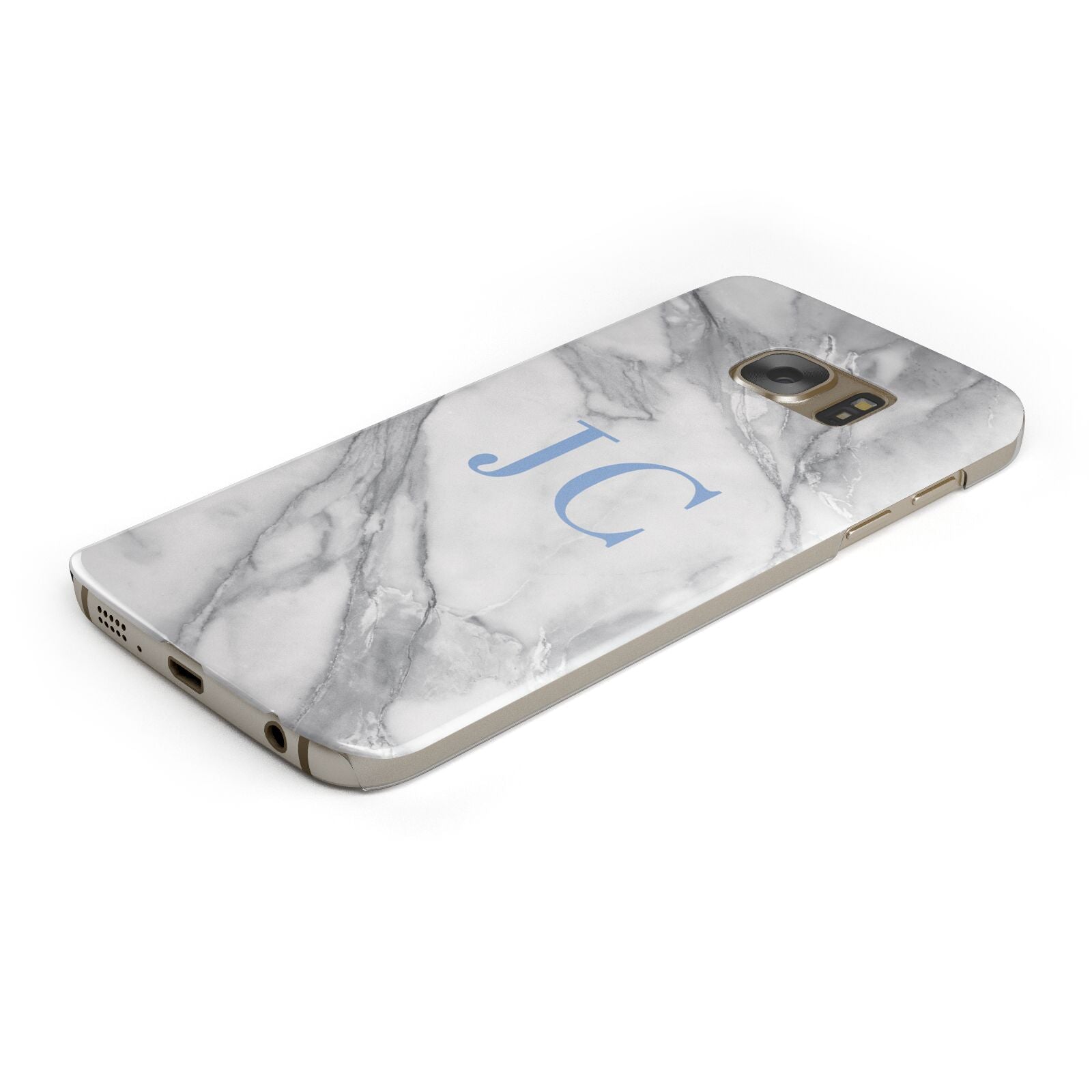 Grey Marble Blue Initials Protective Samsung Galaxy Case Angled Image