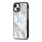 Grey Marble Blue Initials iPhone 13 Black Impact Case Side Angle on Silver phone