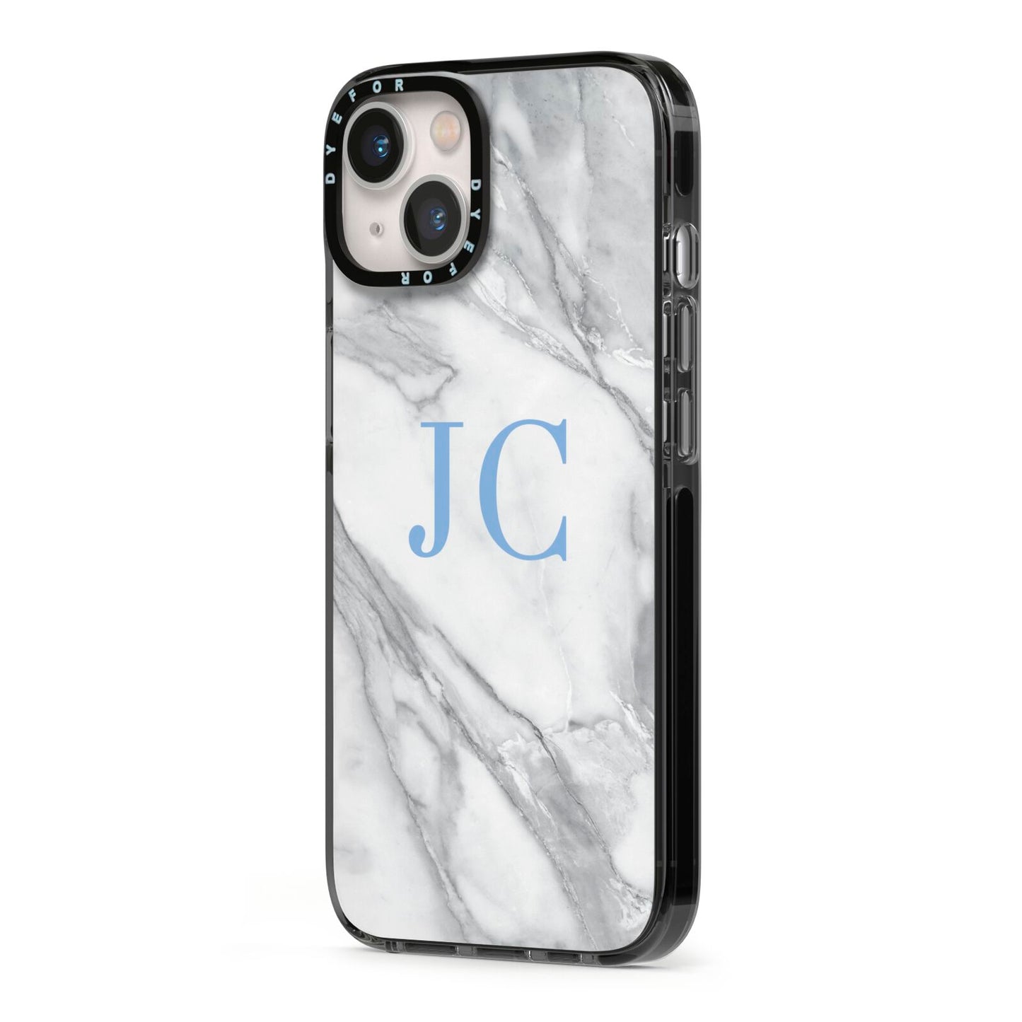 Grey Marble Blue Initials iPhone 13 Black Impact Case Side Angle on Silver phone