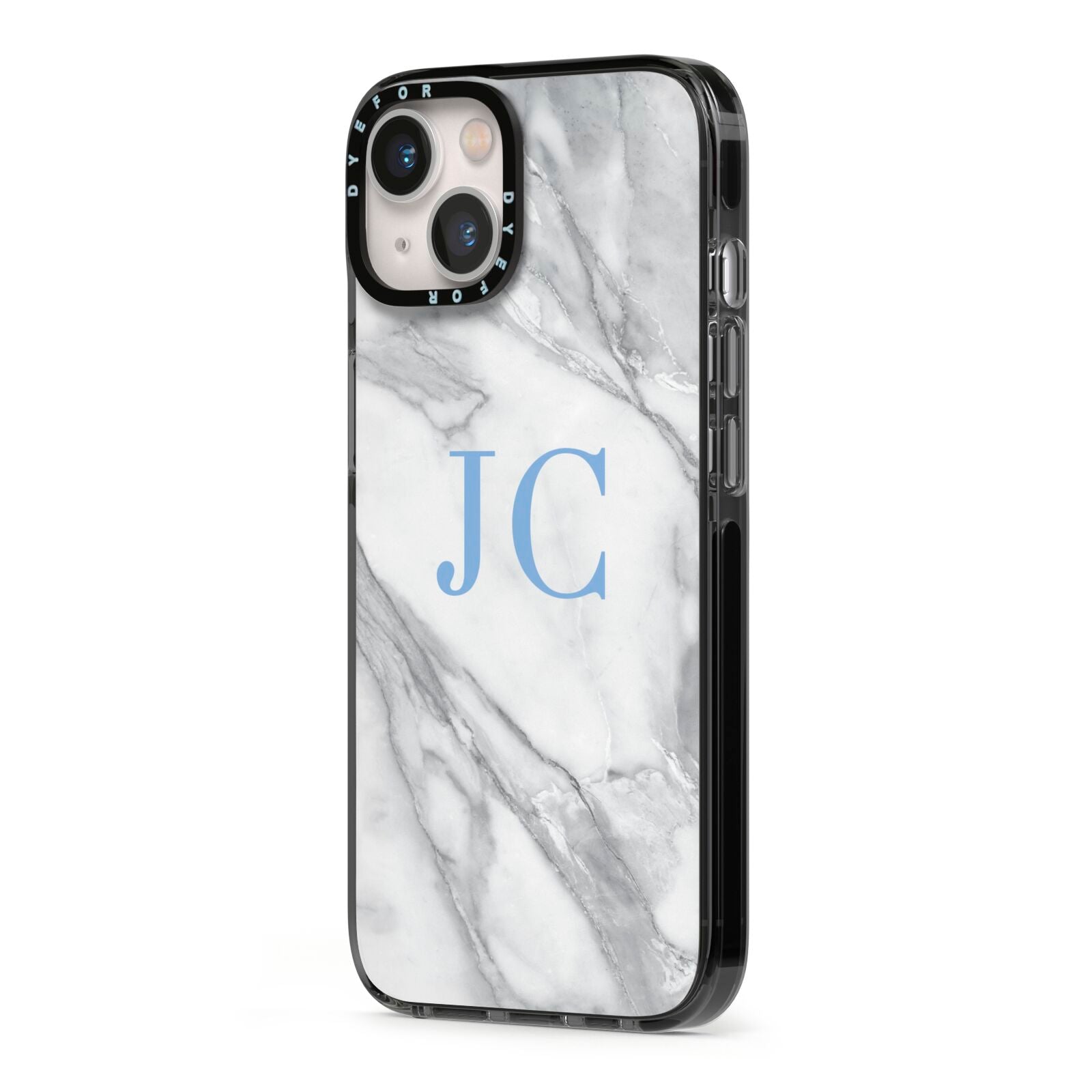 Grey Marble Blue Initials iPhone 13 Black Impact Case Side Angle on Silver phone