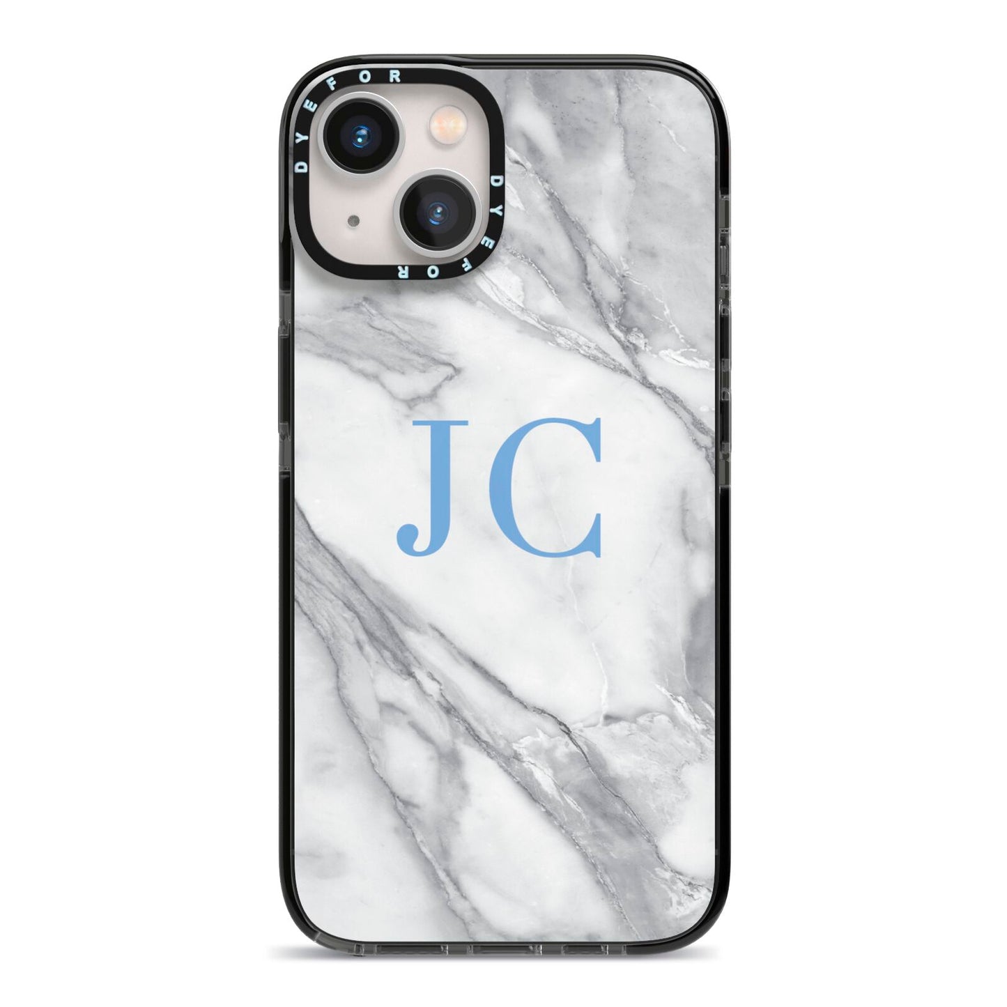 Grey Marble Blue Initials iPhone 13 Black Impact Case on Silver phone