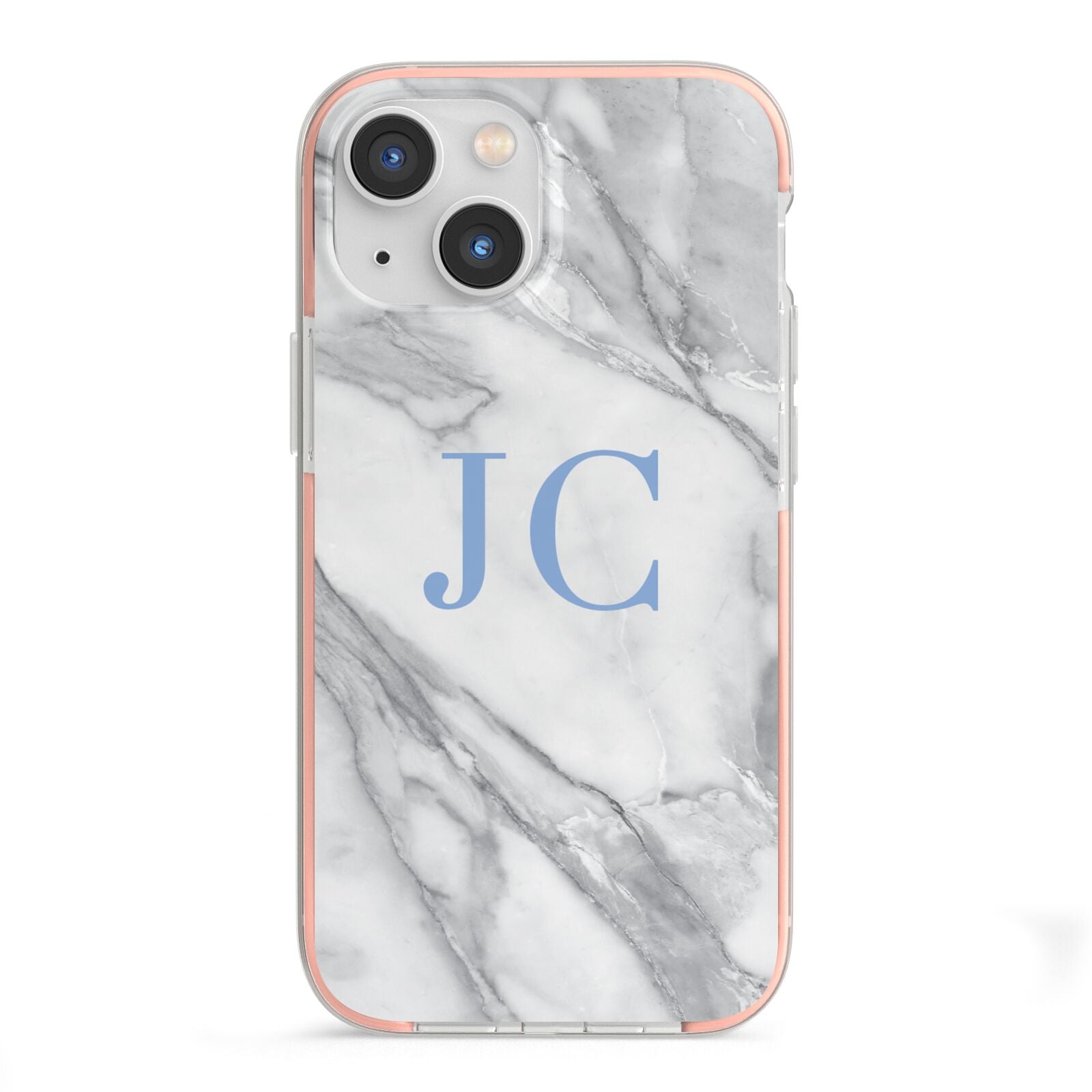 Grey Marble Blue Initials iPhone 13 Mini TPU Impact Case with Pink Edges