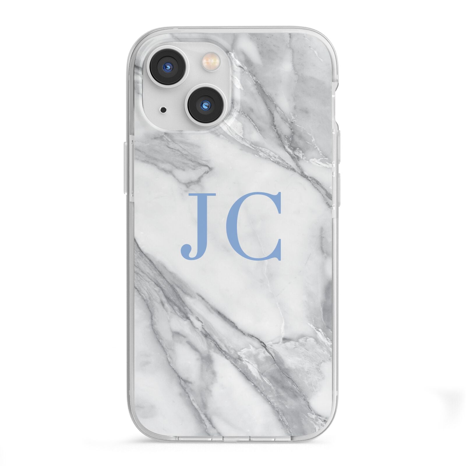 Grey Marble Blue Initials iPhone 13 Mini TPU Impact Case with White Edges