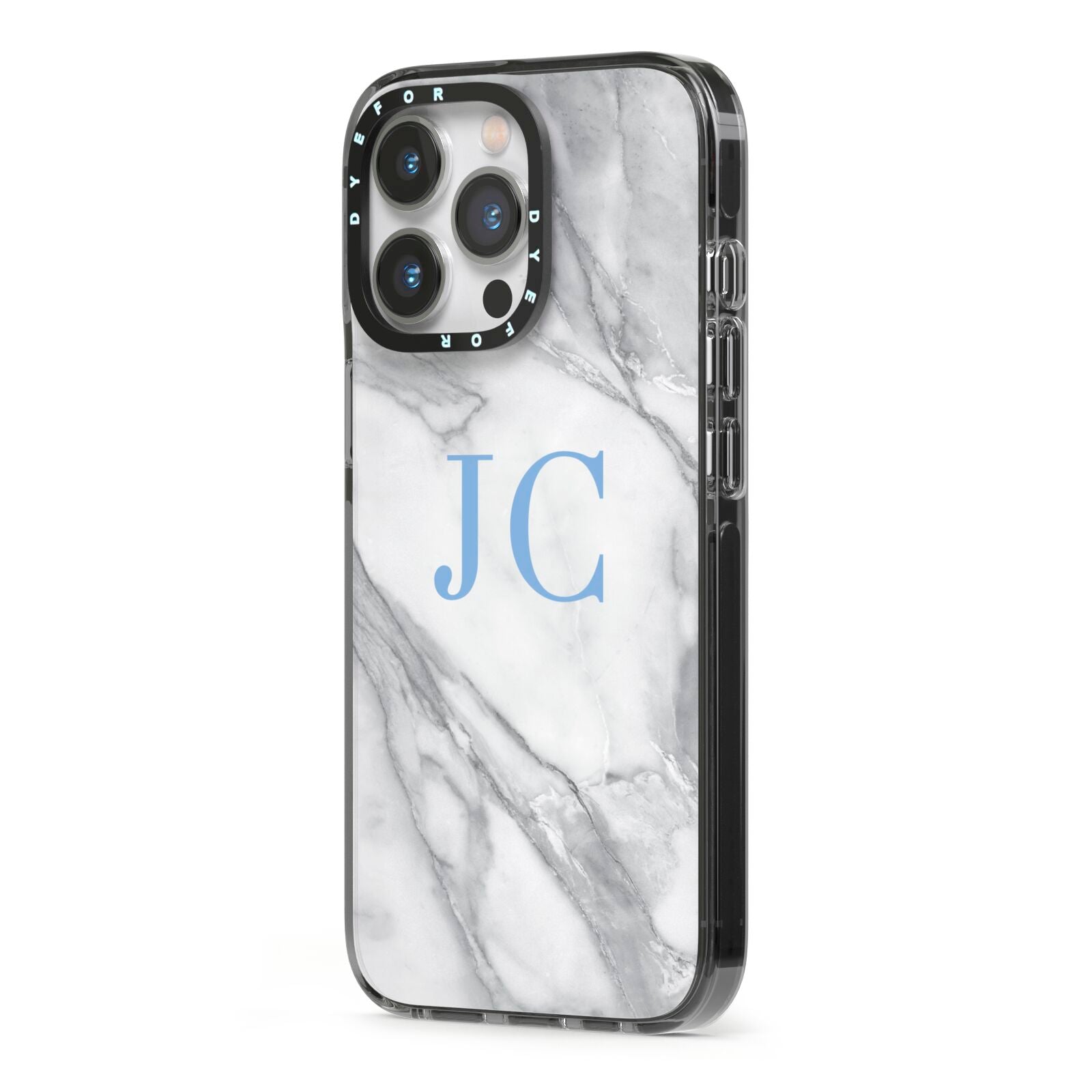 Grey Marble Blue Initials iPhone 13 Pro Black Impact Case Side Angle on Silver phone