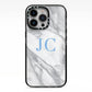 Grey Marble Blue Initials iPhone 13 Pro Black Impact Case on Silver phone