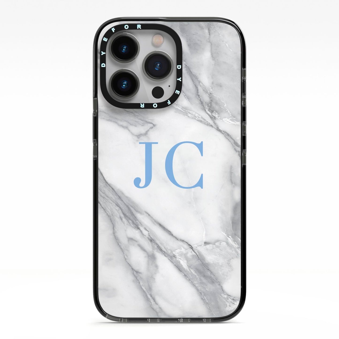 Grey Marble Blue Initials iPhone 13 Pro Black Impact Case on Silver phone