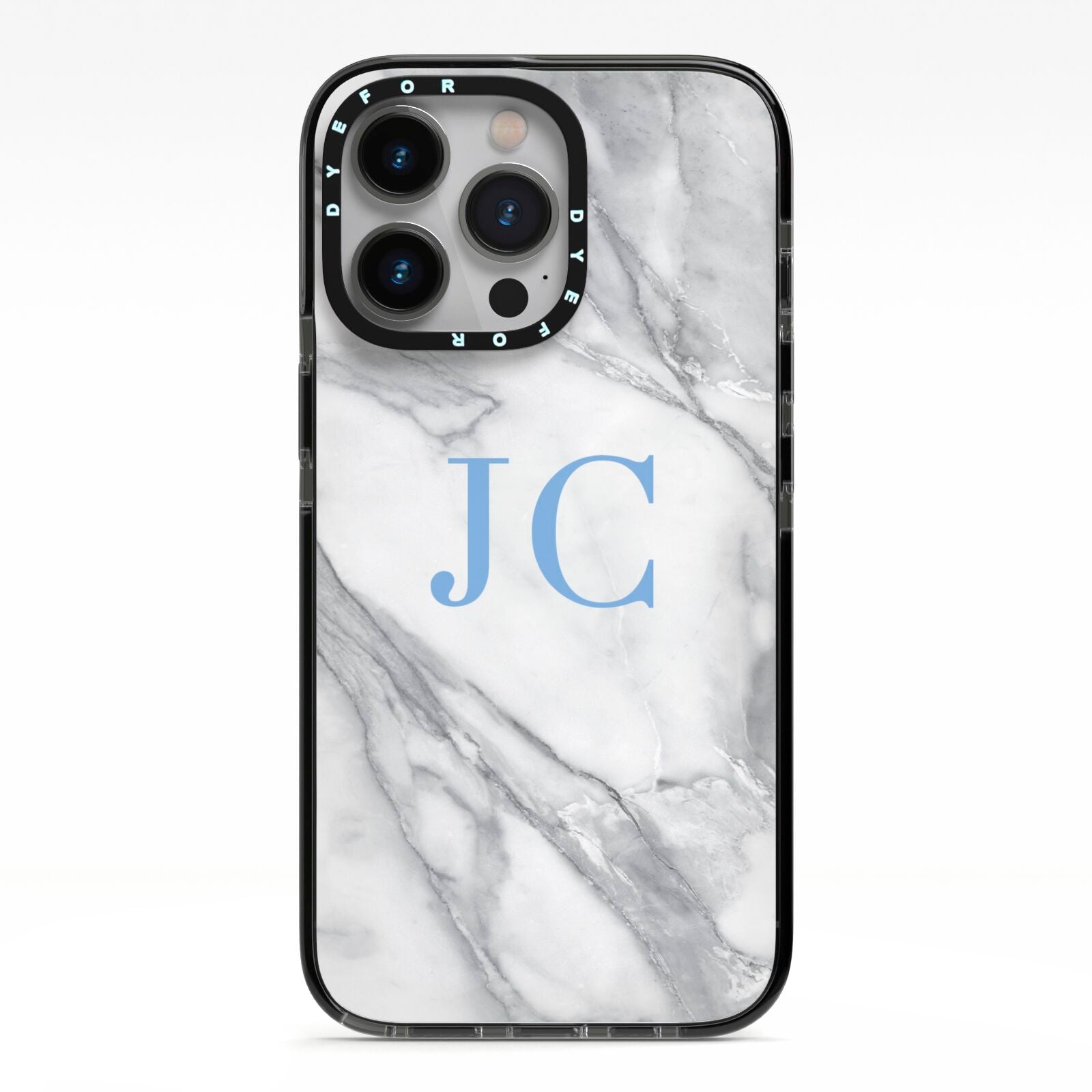 Grey Marble Blue Initials iPhone 13 Pro Black Impact Case on Silver phone