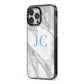 Grey Marble Blue Initials iPhone 13 Pro Max Black Impact Case Side Angle on Silver phone