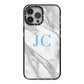 Grey Marble Blue Initials iPhone 13 Pro Max Black Impact Case on Silver phone