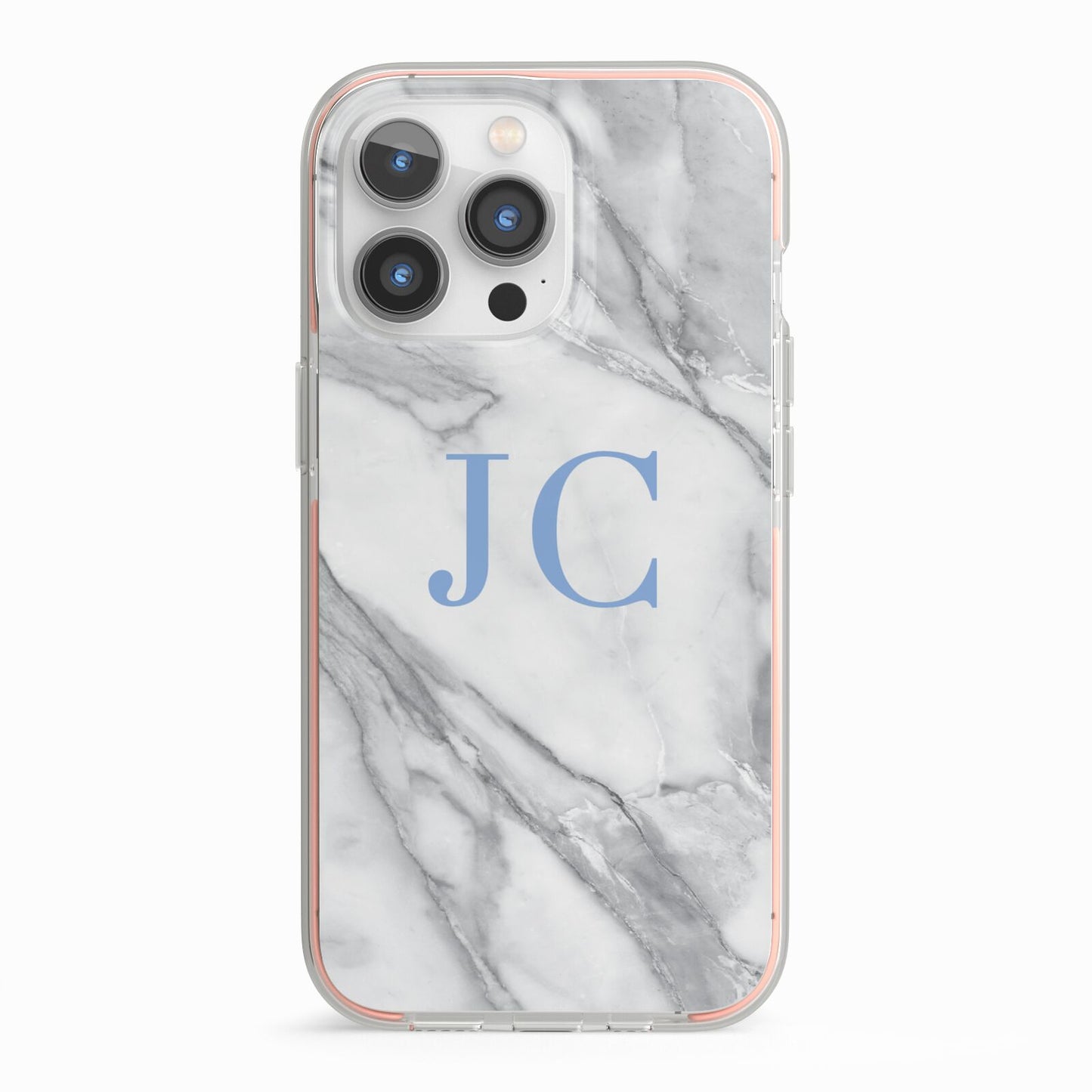Grey Marble Blue Initials iPhone 13 Pro TPU Impact Case with Pink Edges