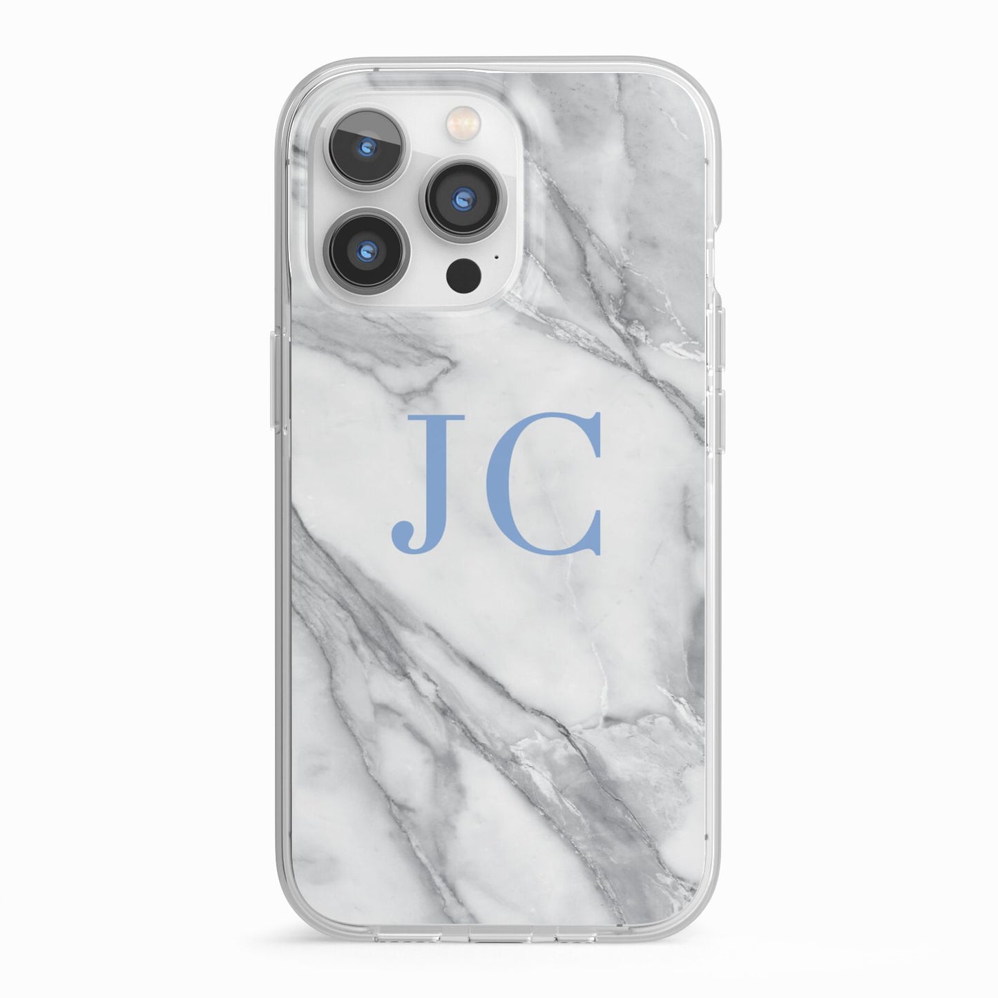 Grey Marble Blue Initials iPhone 13 Pro TPU Impact Case with White Edges