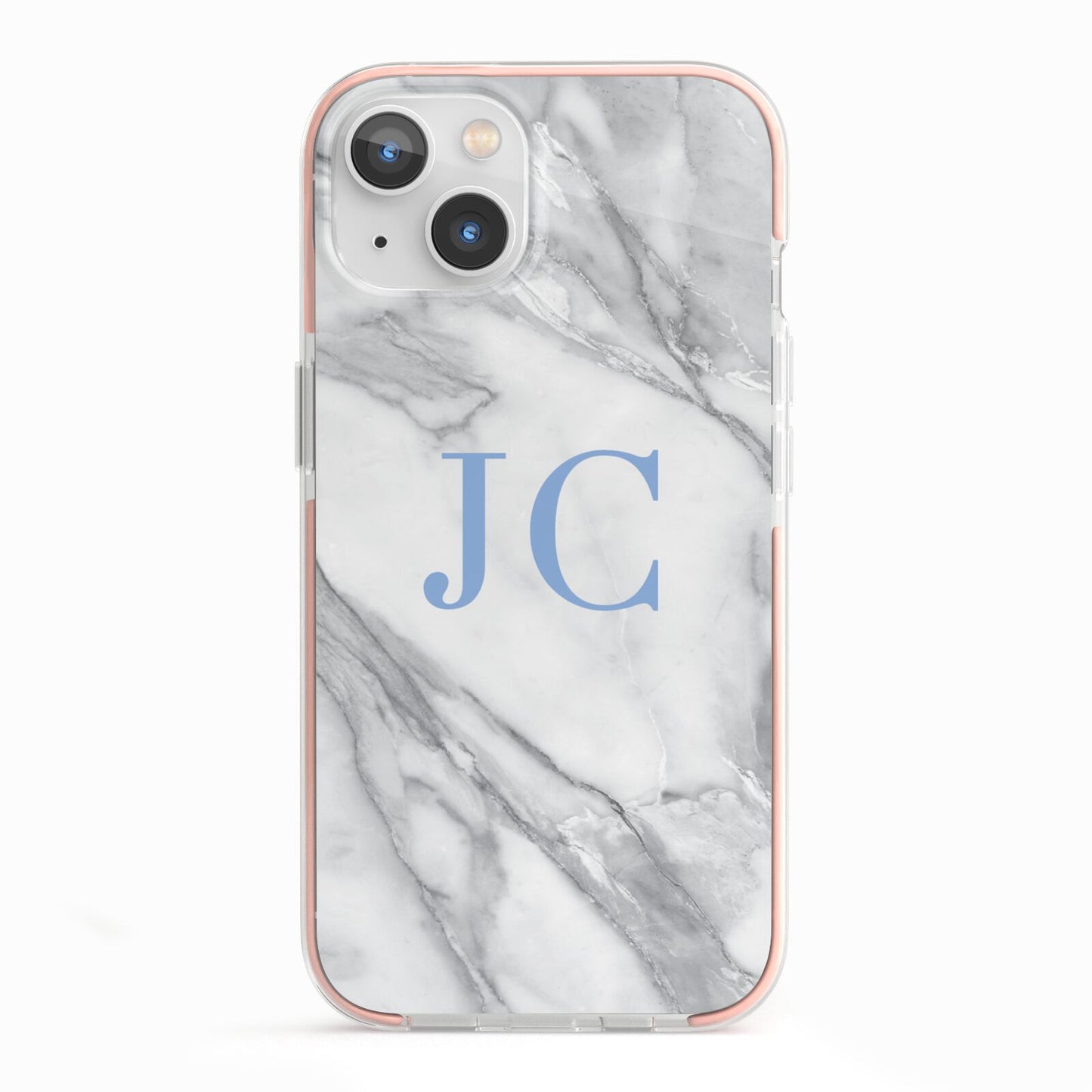 Grey Marble Blue Initials iPhone 13 TPU Impact Case with Pink Edges
