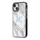 Grey Marble Blue Initials iPhone 14 Black Impact Case Side Angle on Silver phone