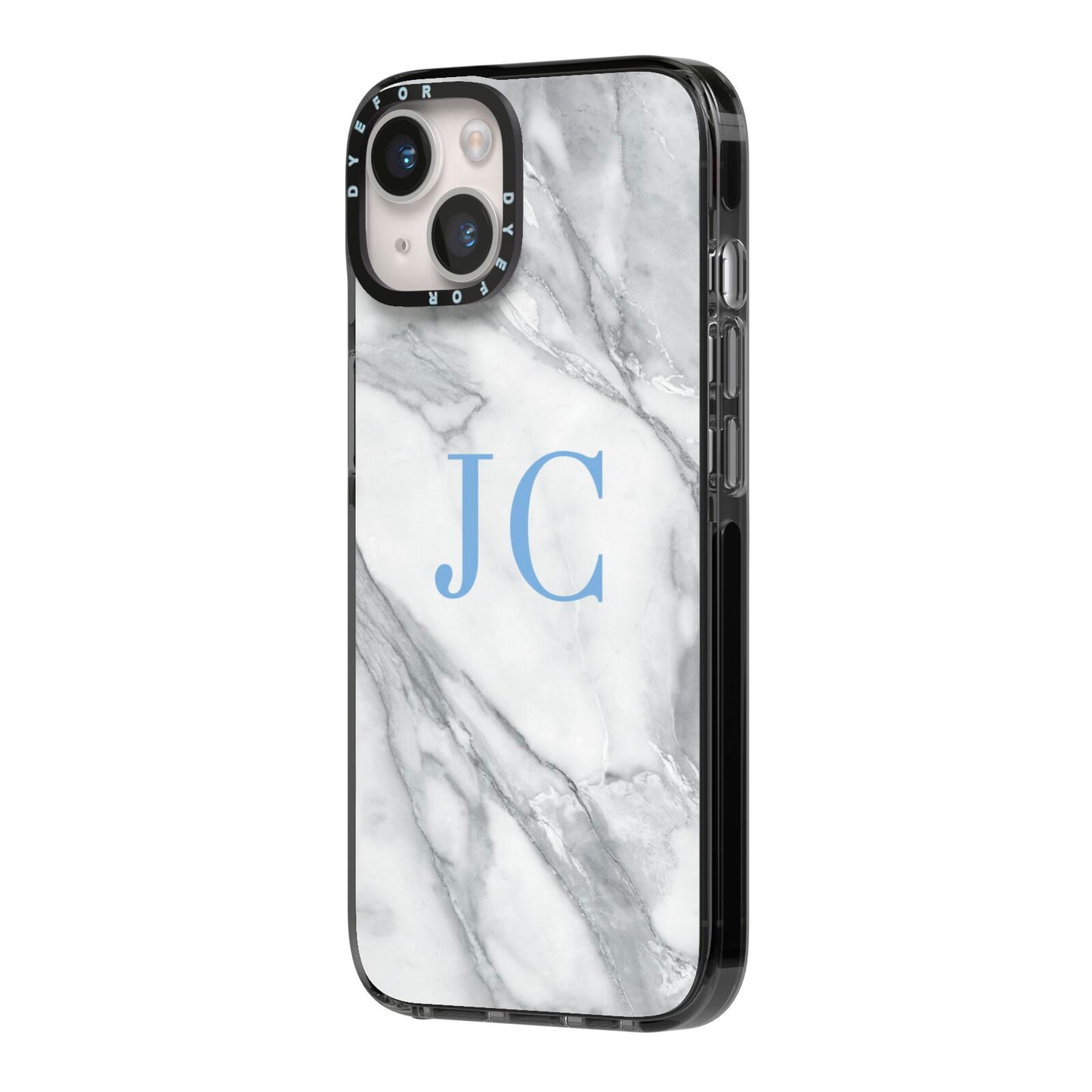 Grey Marble Blue Initials iPhone 14 Black Impact Case Side Angle on Silver phone