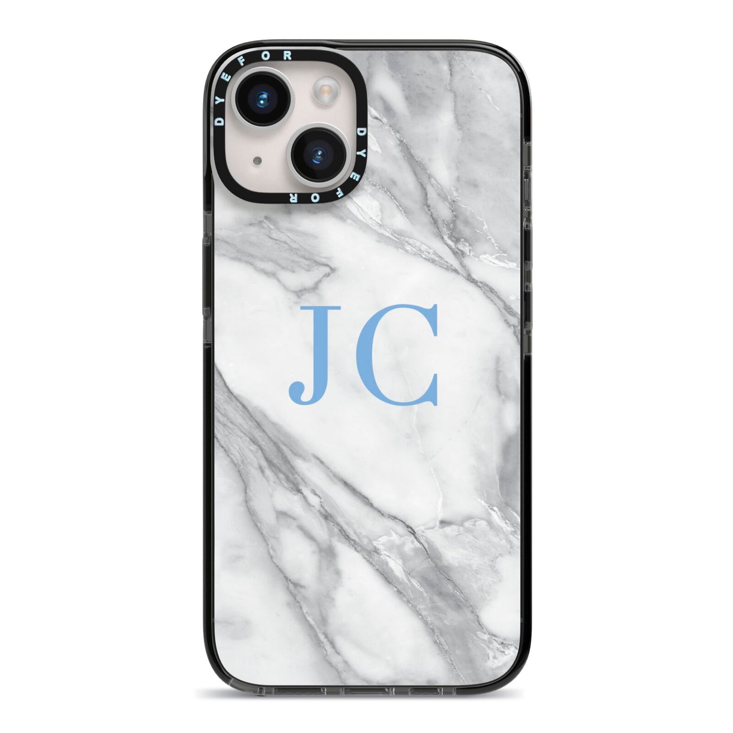 Grey Marble Blue Initials iPhone 14 Black Impact Case on Silver phone