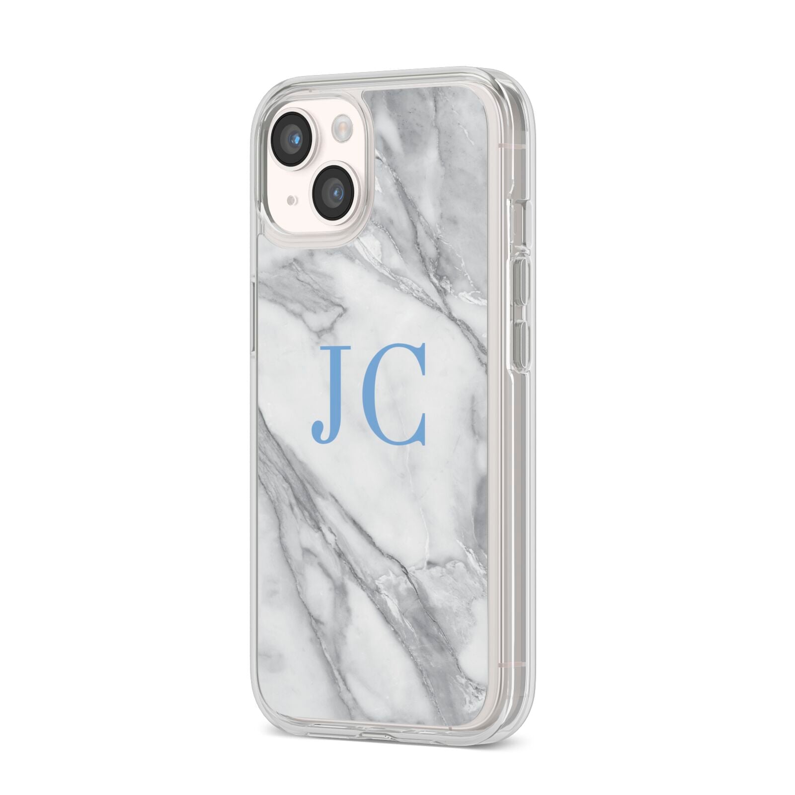 Grey Marble Blue Initials iPhone 14 Clear Tough Case Starlight Angled Image