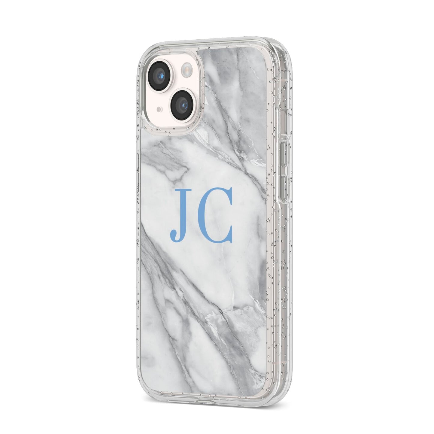 Grey Marble Blue Initials iPhone 14 Glitter Tough Case Starlight Angled Image