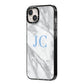 Grey Marble Blue Initials iPhone 14 Plus Black Impact Case Side Angle on Silver phone