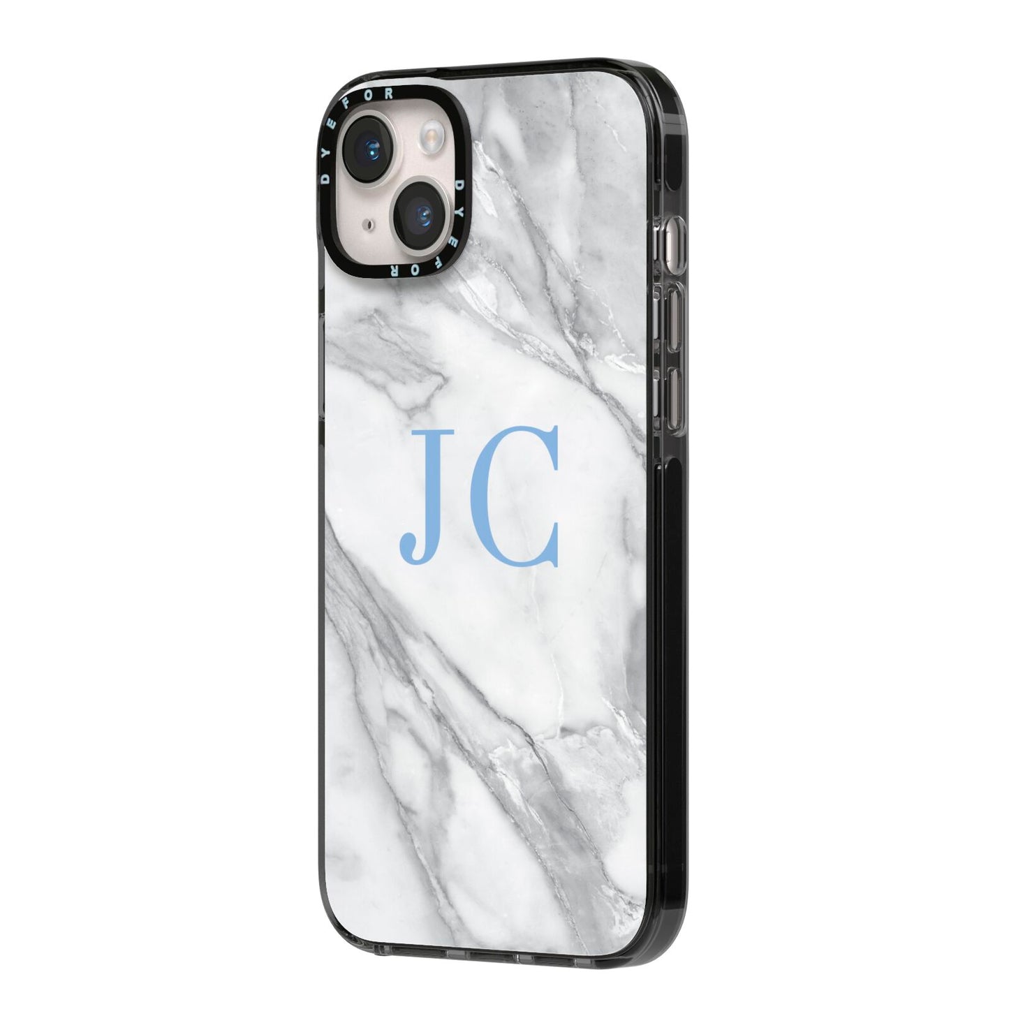 Grey Marble Blue Initials iPhone 14 Plus Black Impact Case Side Angle on Silver phone