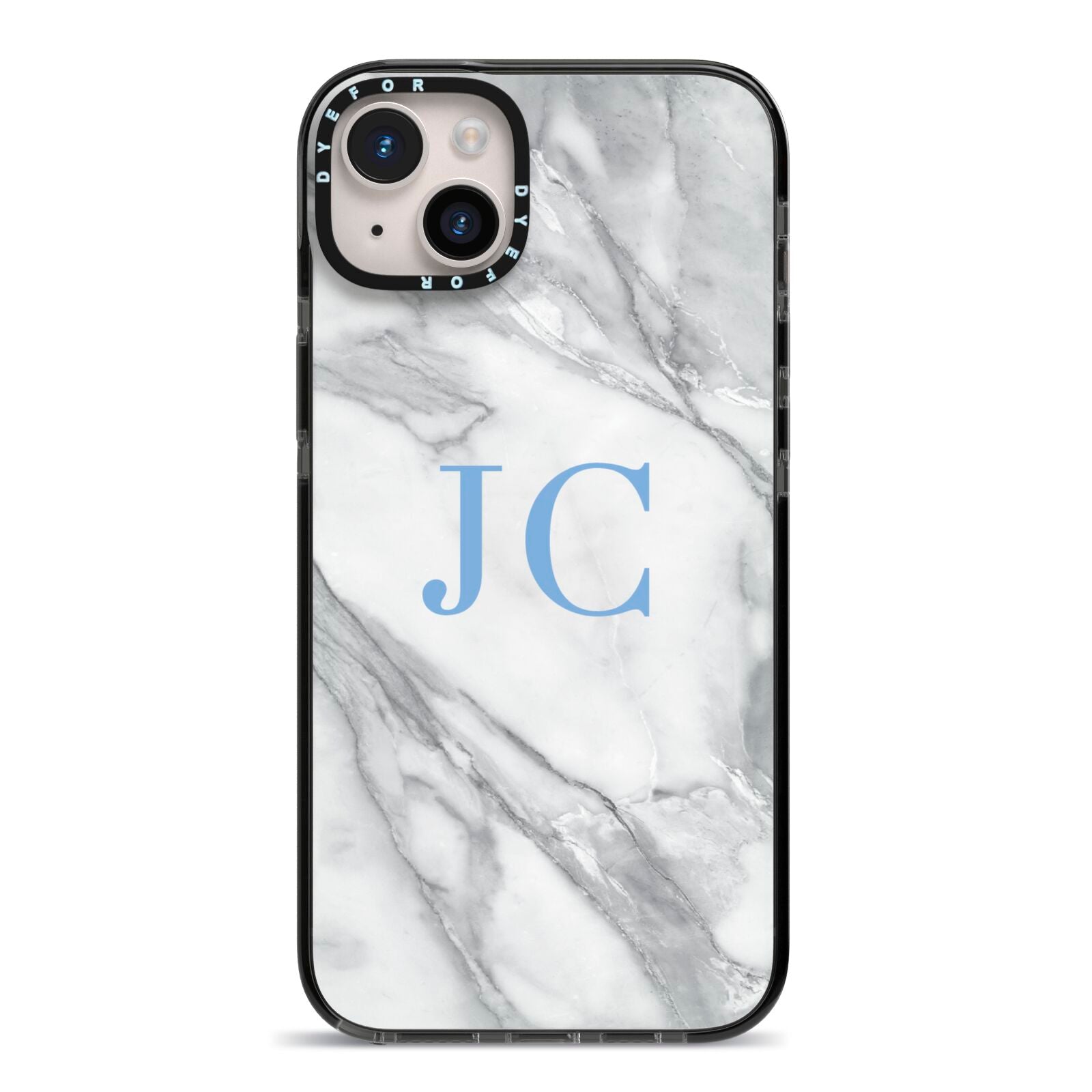 Grey Marble Blue Initials iPhone 14 Plus Black Impact Case on Silver phone