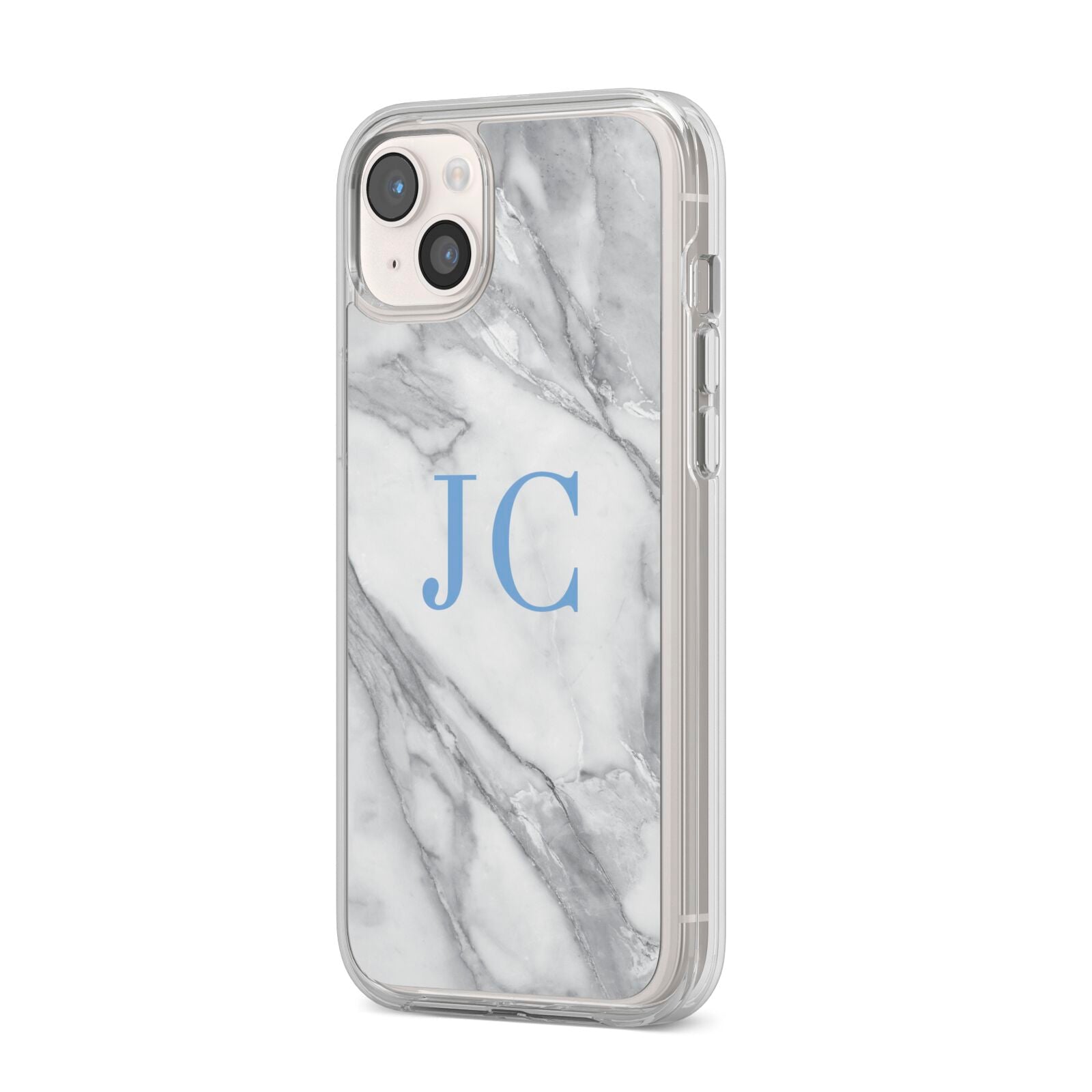 Grey Marble Blue Initials iPhone 14 Plus Clear Tough Case Starlight Angled Image