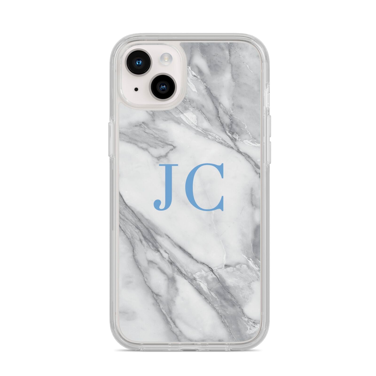Grey Marble Blue Initials iPhone 14 Plus Clear Tough Case Starlight