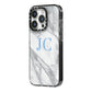 Grey Marble Blue Initials iPhone 14 Pro Black Impact Case Side Angle on Silver phone